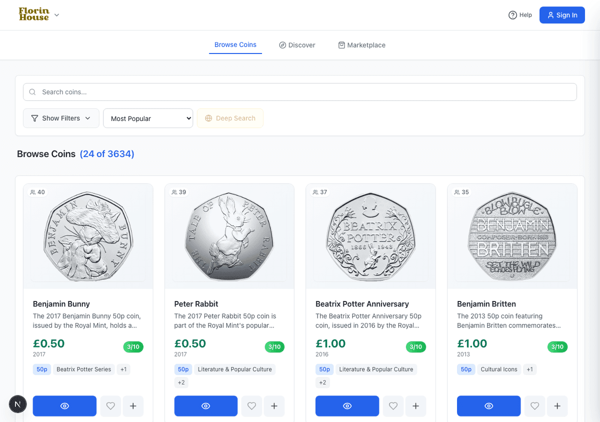The Browse Coins page showing coin cards with values and rarity scores