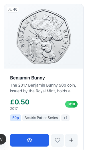 A single coin card with its view, want and add-to-collection buttons