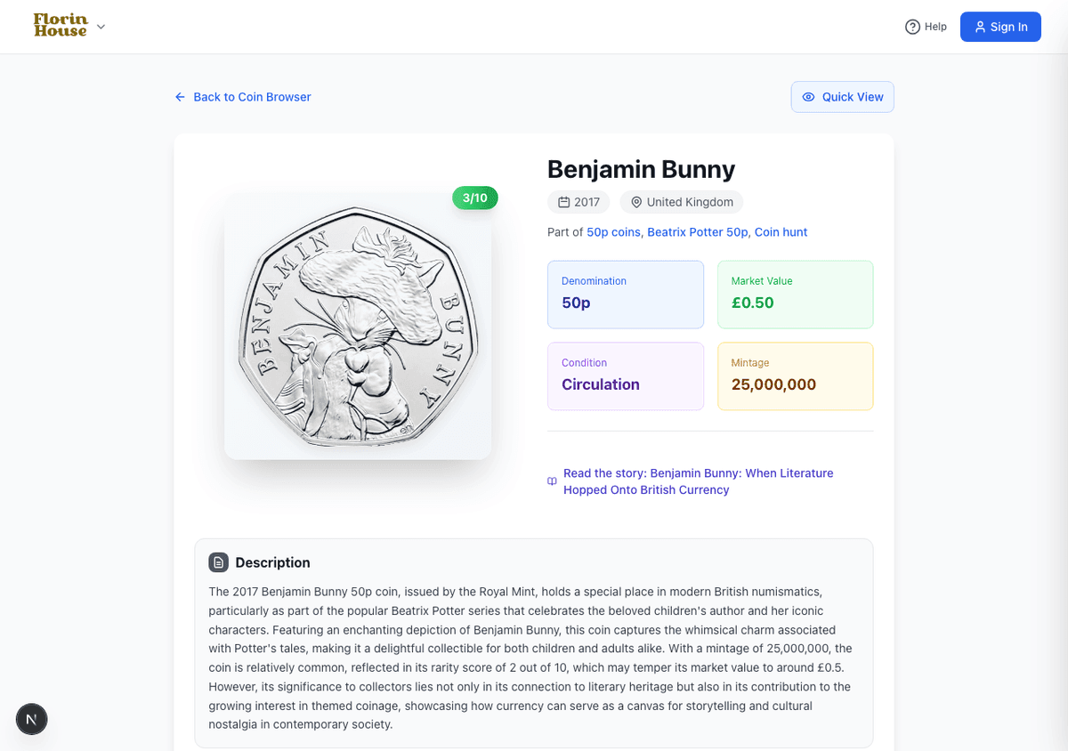 A coin page showing mintage, market value, condition and rarity