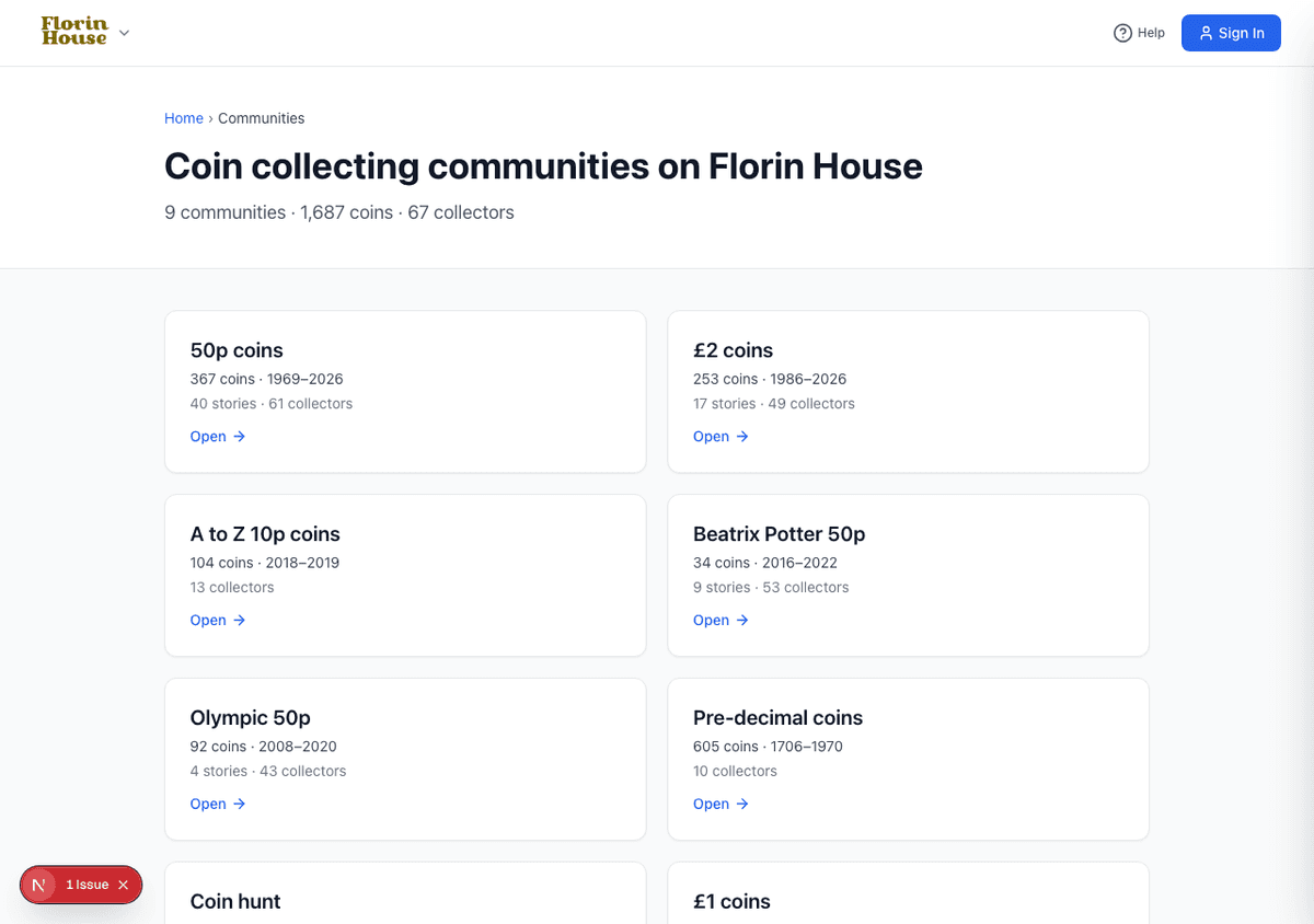 The Communities index listing each coin community