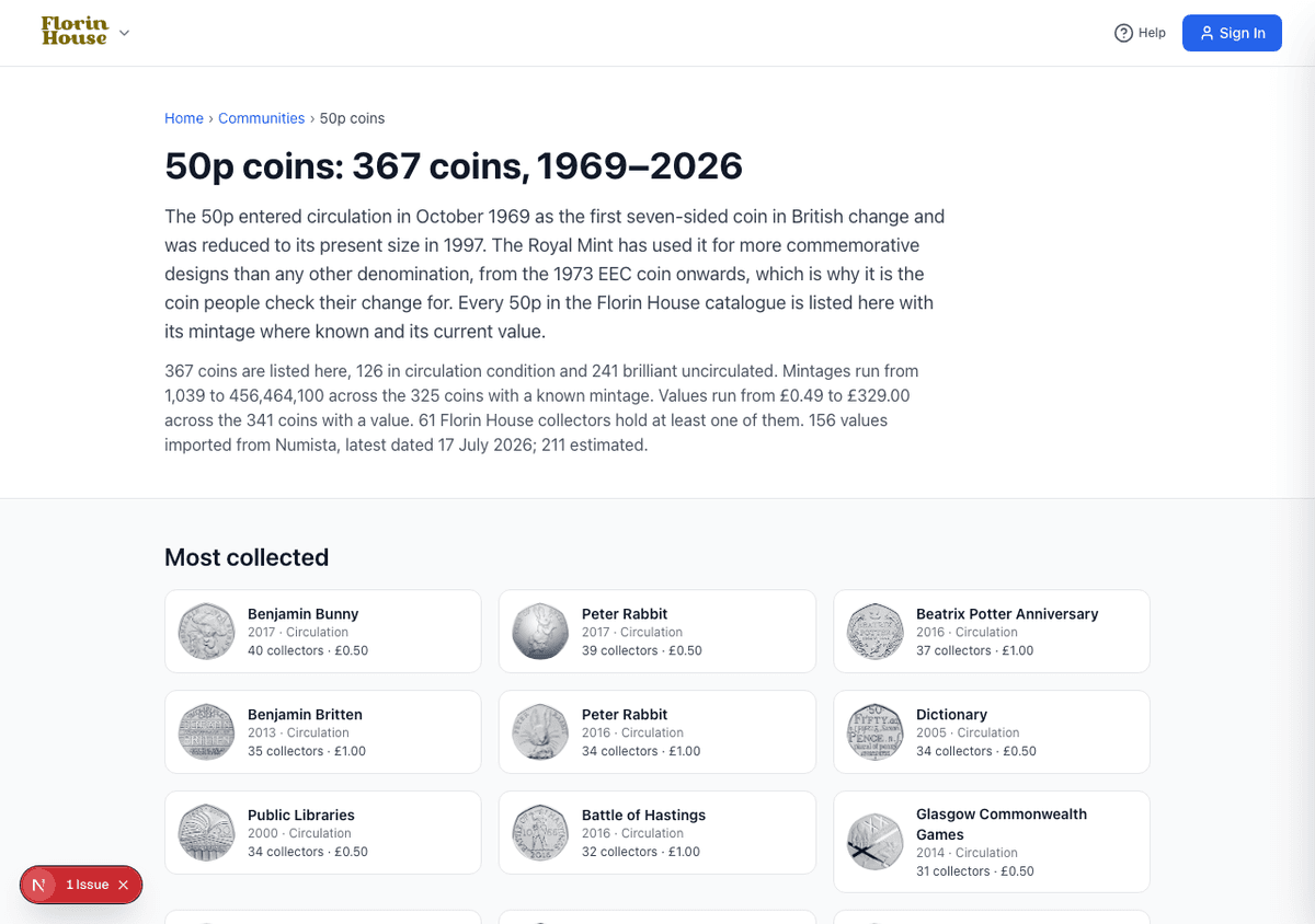 The 50p coins community hub with its coin table and collector count