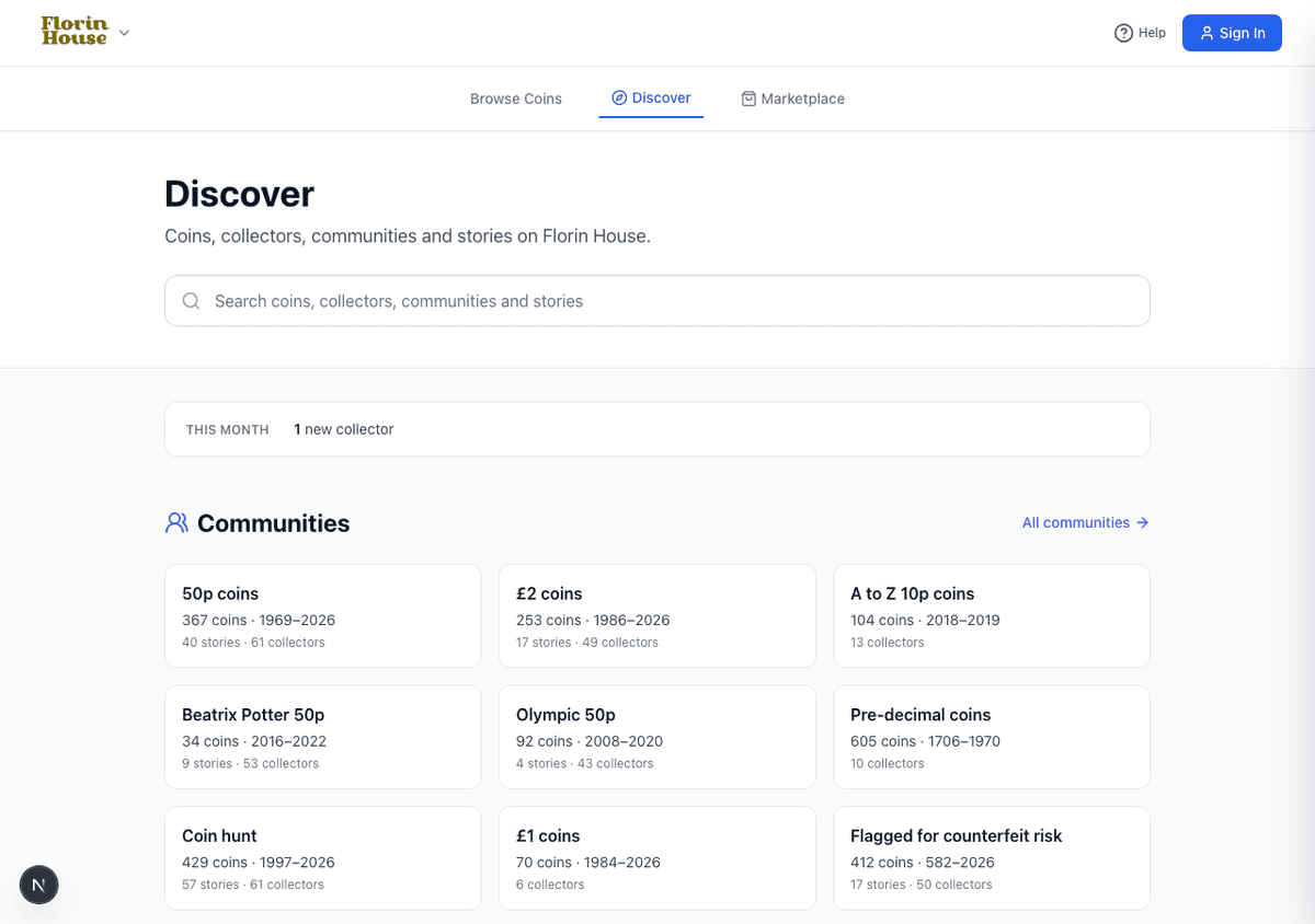 The Discover page with search across coins, collectors and communities