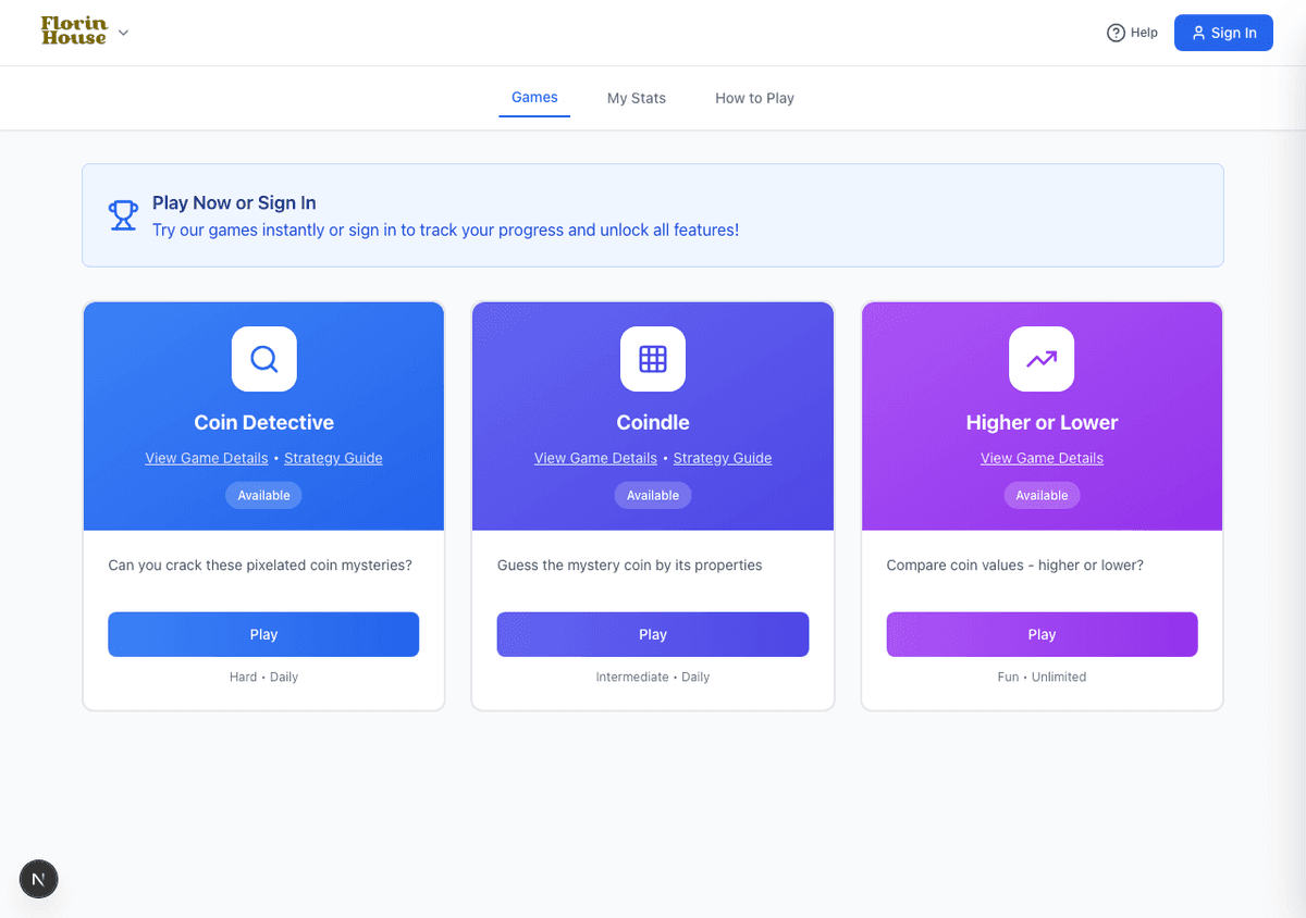 The games index showing Coin Detective, Coindle and Higher or Lower