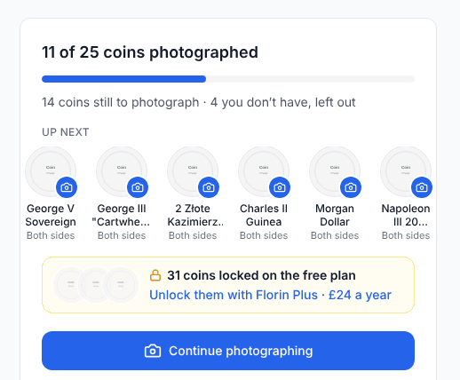 The catalogue on the free plan: 11 of 25 coins photographed, the coins up next, and 31 coins locked on the free plan