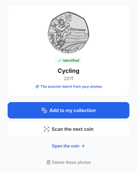 An identified 2011 Cycling 50p with Add to my collection, Scan the next coin, Open the coin and Delete these photos